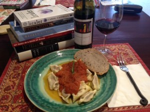 Post writers conference dinner. Books from local Seattle authors, Elissa Washuta, Erik Larson, Stephanie Gallos and Carol Cassella. Wine from Woodward Canyon - Walla Walla Washington.