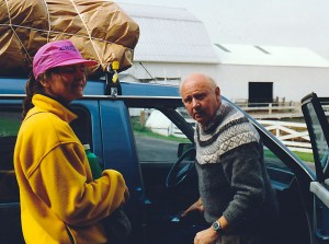 Dad and I packing my possessions into blue bullet.